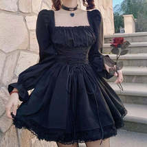 Long Sleeves Lolita Black Dress Goth Aesthetic Puff Sleeve High Waist - £27.09 GBP+