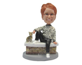 Custom Bobblehead Beautiful Girl Comfortably Seated Wearing A Sweater And Pants  - £134.69 GBP