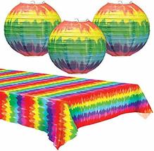 Tie Dye Paper Lanterns &amp; Table Cover Set - Party Decorations for 60&#39;s or Hippie  - £14.38 GBP