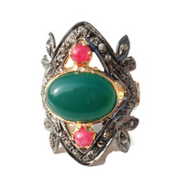 Victorian 0.85ct Rose Cut Diamond Emerald Ruby Wedding Colorful Ring  - £538.96 GBP
