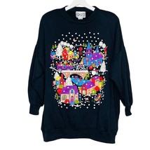 Vintage Christmas Sweater Adult OSFM Black Winter Wonderland Village 90s  - $22.00