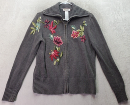 Tiara International Sweater Women S Gray Embroidered Floral Long Sleeve Full Zip - £14.07 GBP