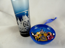 Disneyland 50th Anniversary 3D Ornament 2005 + 60th Cobalt Blue Shot glass - $20.78