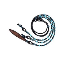 Horse Reins  Braided Black and Turquoise Romel Leather Popper Tack HRR001 - $65.34