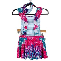 Grace Karin Swimsuit Girls 10 One Piece Skirt Blue Stripe Pink Mermaid Headband - £13.85 GBP