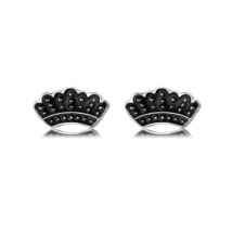 Silver-Plated &amp; Black Enamel Crown Stud Earrings - £10.38 GBP