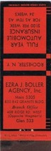 Matchbook Cover Ezra J Boller Agency Insurance Rochester New York - $1.43