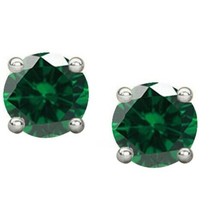 1 Ct Emerald Stud Earrings Round Cut Solitaire 14K White Gold Plated Silver 5mm - £29.45 GBP