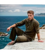 size L, Men&#39;s LINEN Viscose SET, Shirt and Pants for summer in green color - $155.00