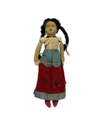 Vtg Antique Cloth Face Mexico Souvenir Rag Doll w Black Pigtails Folk Ar... - $23.75