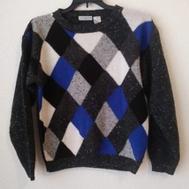 Vtg Spirit Wool Knit Pullover Sweater Argyle Diamond Gray Blue Black White - £11.65 GBP