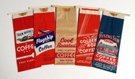 Lot Of 5 Different Vintage 1940-50&#39;s Coffee 1 Lb Paper Bags Empty Iowa Virginia - £15.93 GBP