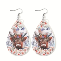 Cow &amp; Flower Print Faux Leather Teardrop Dangle Earrings - New - £10.32 GBP
