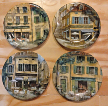 222 Fifth French Cafes Plates Set of 4  Scenes Salad Luncheon Bread Desserts - £24.04 GBP