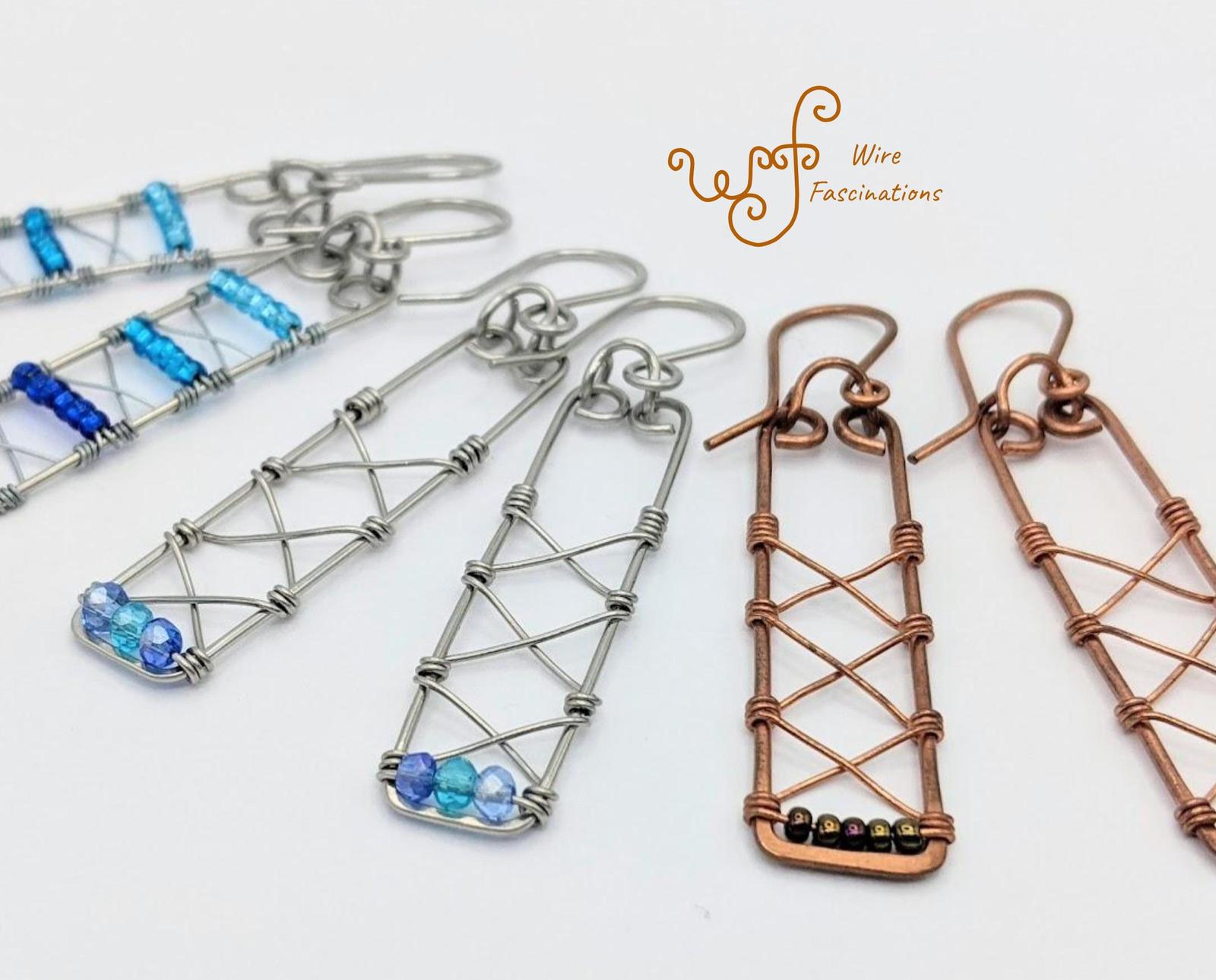 Handmade earrings long rectangles with lace-up wire wrapped glass beads