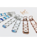 Handmade earrings long rectangles with lace-up wire wrapped glass beads - £21.92 GBP