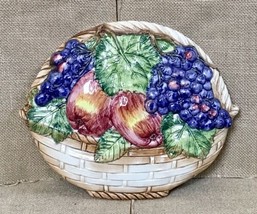 Italy Hand Painted 3D Fruit Basket Ceramic Wall Hanging Grapes And Apples - $21.78