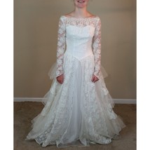 Wedding Dress Ruffles Lace Vintage 70s White Off Shoulder Size 4-6 Small - £50.11 GBP
