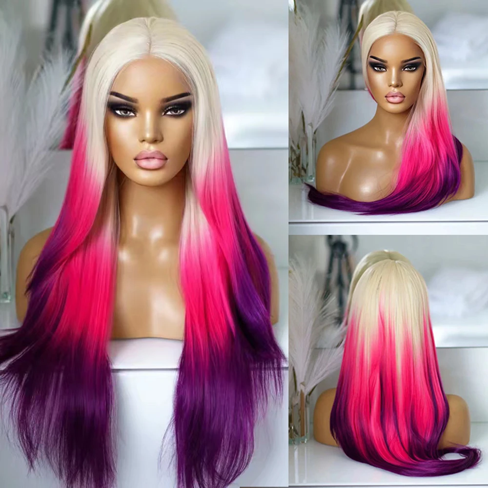 AIMEYA Ombre Purple Synthetic Lace Front Wigs for Women Platinum Blonde Roots - £50.04 GBP+