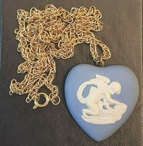 Wedgwood Jasper Ware Heart Necklace Blue &amp; White Cupid Pendant 24&quot; Chain England - £38.78 GBP