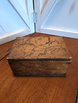 Pyrography Burnt Wooden Trinket Hinged Lidded Box With Floral Design - $14.84