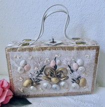 Vintage 50s 60s Wicker Handbag Box Purse White Gold Seashells Seaweed Flowers - £62.92 GBP