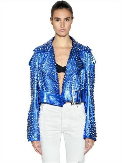 New Women's Blue Color Belted Buckle Full Silver Spiked Studs Leather Jacket