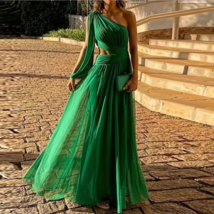 Dress Sexy Off Shoulder  Hollow Out Elegant Solid Green Pleated Split Long Dress - £68.12 GBP