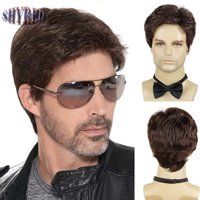 Men&#39;s Short Brown Wig Synthetic Hair Smooth Natural Pixie Cut Toupee Curly He - £17.53 GBP+