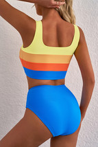 Blue Colorblock Square Neck Top Pleated High Waisted Bikini - $14.84
