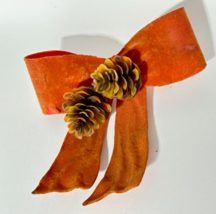 Vintage Flocked Orange /Red Large Bow with Pinecones Christmas Decor - $5.00