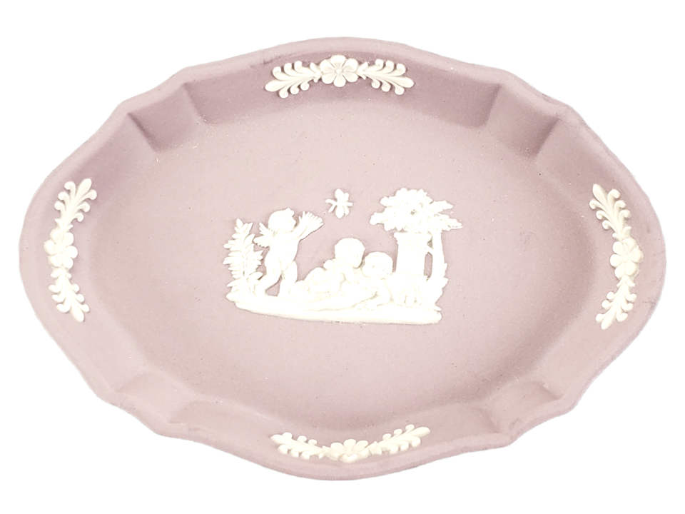 Primary image for Vintage Wedgwood Pink and White Jasperware Oval Trinket Dish Pin Tray Cherubs