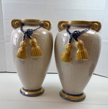 Vintage Mid-Century Portuguese Ceramic Tanqueiro Crazed Vases Blue White Yellow - $116.88