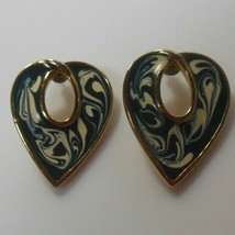 Vintage Blue/Cream Enamel Swirl Heart Pierced Earrings - $9.41