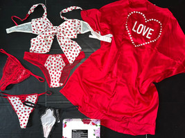 Victoria&#39;s Secret 34C 34D 36B M Bra Set+Panty Lot+Robe Red White Heart Love - £131.97 GBP