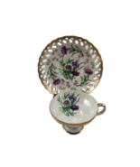 Vintage Tea Cup &amp; Saucer Set PURPLE BLUASTER Flowers Gold Trim - $428.54 MXN