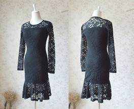 Black Lace Midi Tea Dress Women Plus Size Long Sleeve Fitted Lace Dress