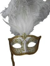 White with Gold Stick Masquerade Mardi Gras Feather Mask - $387.32 MXN