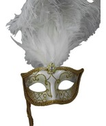 White with Gold Stick Masquerade Mardi Gras Feather Mask - $377.05 MXN