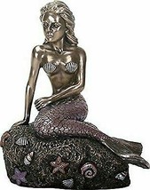The Enchanted Mermaid Sitting on Rock Bronze Look Statue Figurine Sculpt... - $43.99