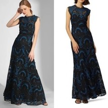 Shoshanna Midnight Raven Dress Lace High Neck Cap Sleeve Maxi Blue Black 6 - $217.51