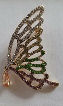 Rhinestone Butterfly Gold Tone Design Dangling Crystal  Brooch - £8.82 GBP