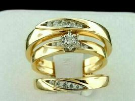 14K Yellow Gold Over 2.25 Ct Round Cut Diamond Engagement Wedding Trio Ring Set - £96.85 GBP