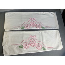 Vintage pillowcases pair pink floral embroidered scalloped edges cotton ... - $24.74