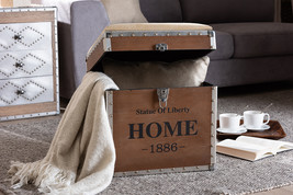 Pomme Industrial Beige Fabric Upholstered Wood Storage Trunk Ottoman - $120.70