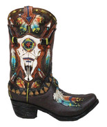 Southwest Turquoise Feathers Cow Skull Crossed Arrows Cowboy Boot Vase H... - $40.99 CAD