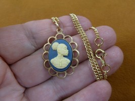 CA30-95 RARE African American LADY blue + ivory CAMEO brass Pendant necklace - £19.78 GBP