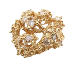 12K GOLD Vintage Ring 1/4 Ct Diamonds Inlay Brutalist Carved Dome  Sz 6.... - $967.49