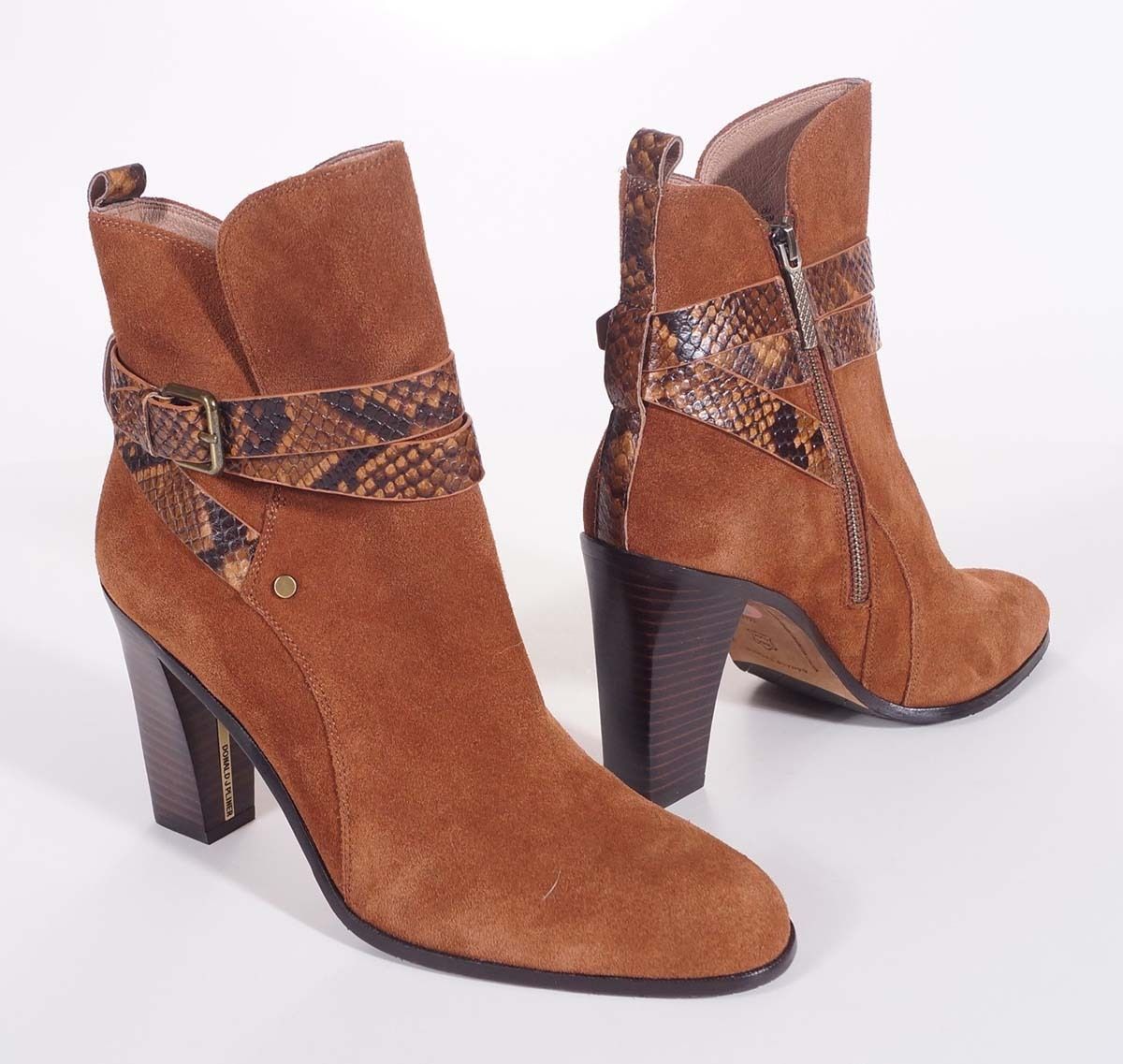 Donald Pliner Oli Women Brown Suede Leather Snake Zip Buckle Heel Bootie Boot 10 - $107.99