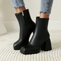 Fashion Square Toe Women Platform Boots Pu Leather Chunky High Heel Ankle Boots  - £75.21 GBP